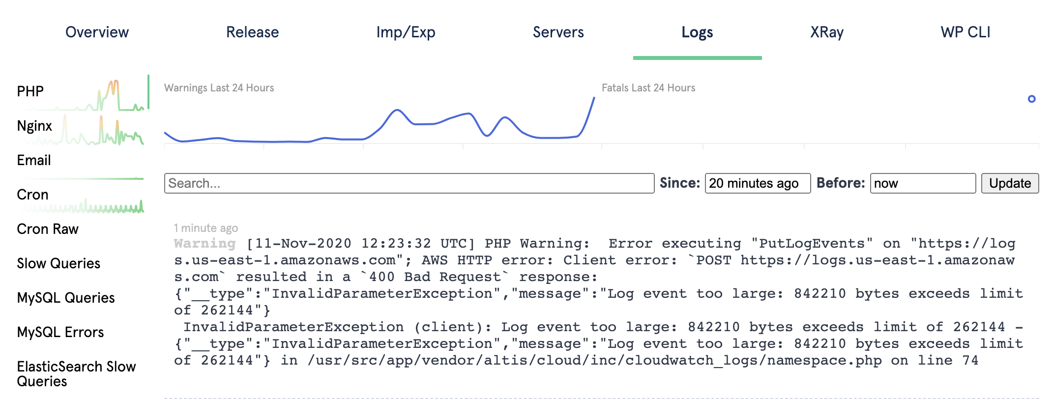 Screenshot of PHP log details