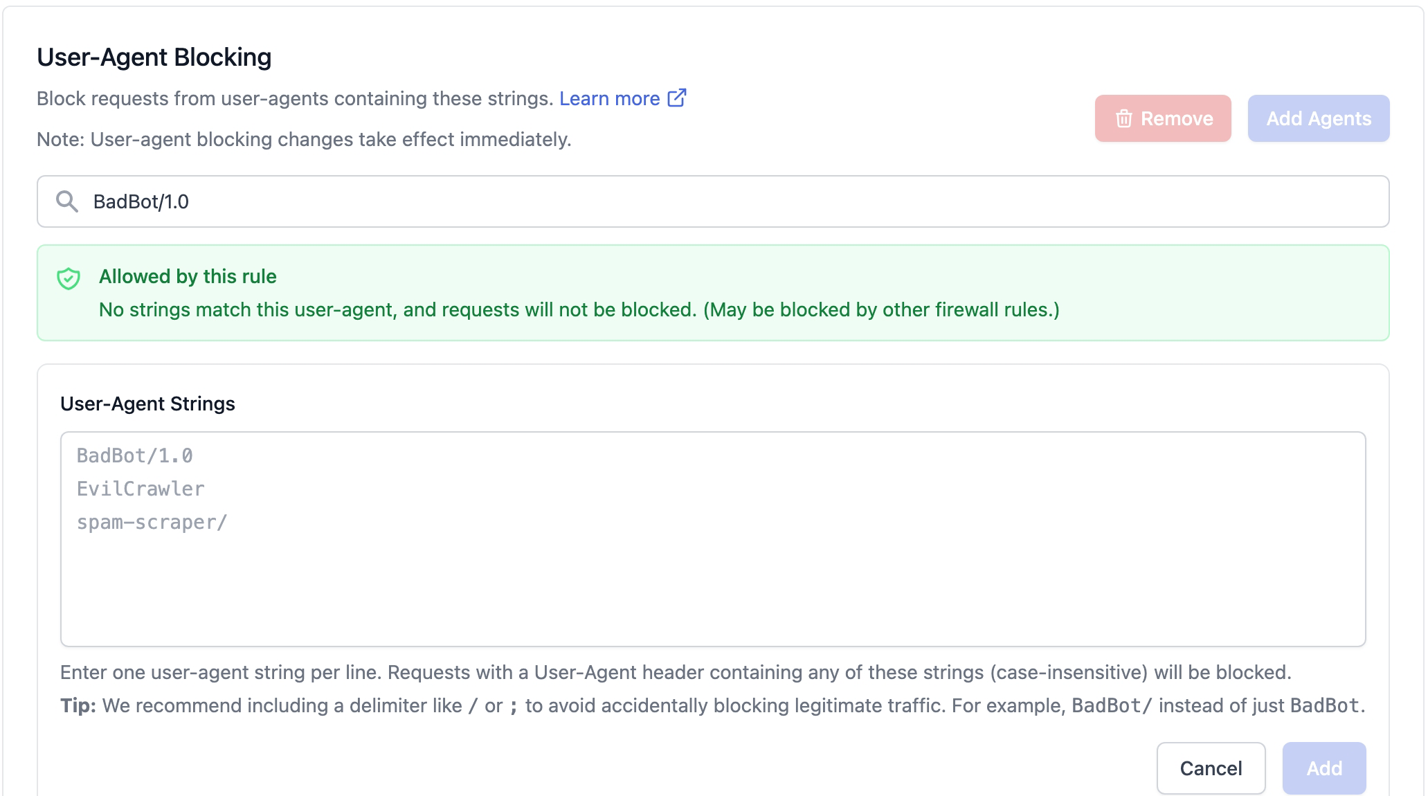 [[Screenshot of testing a User-Agent string entry]]