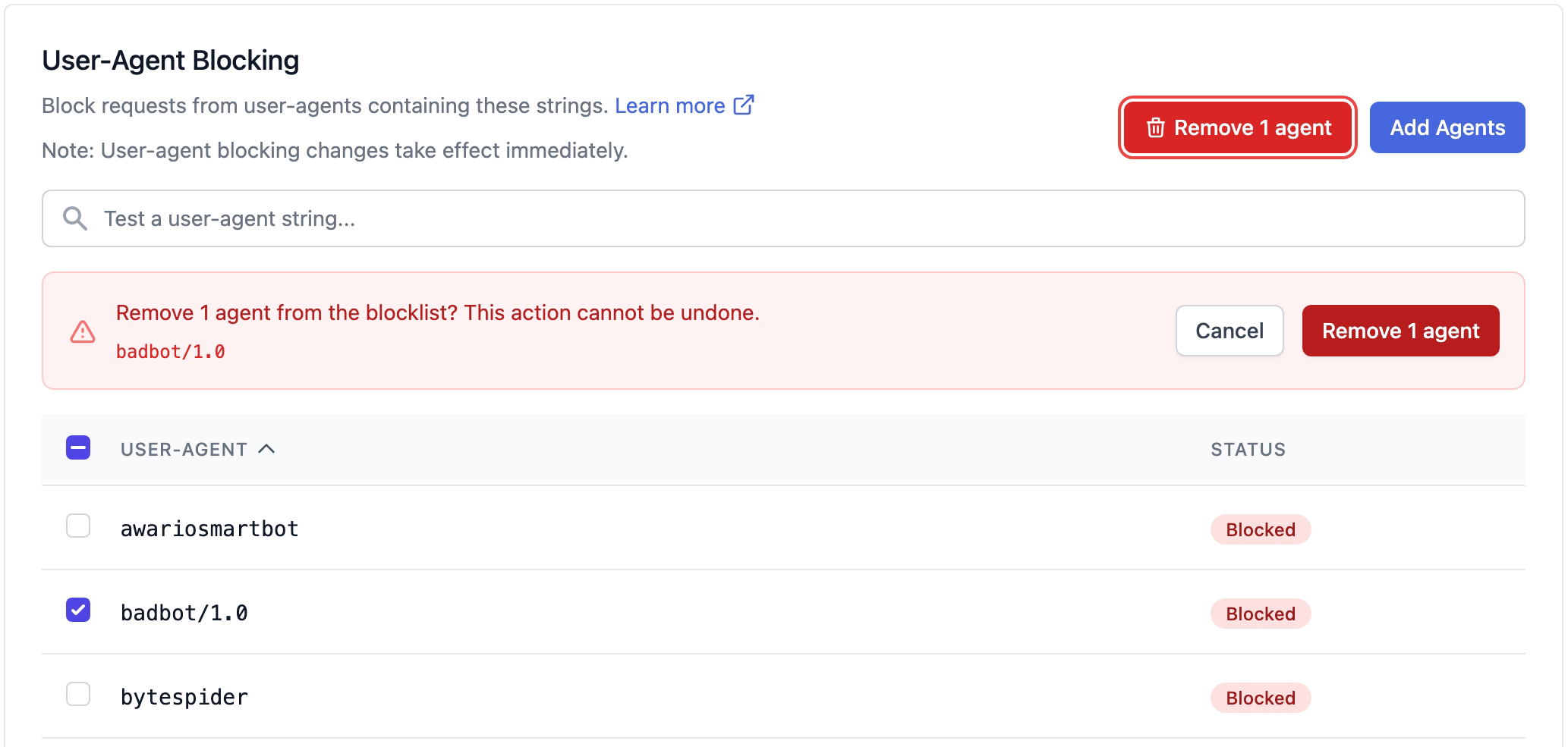 [[Screenshot of removing a User-Agent Blocking entry]]