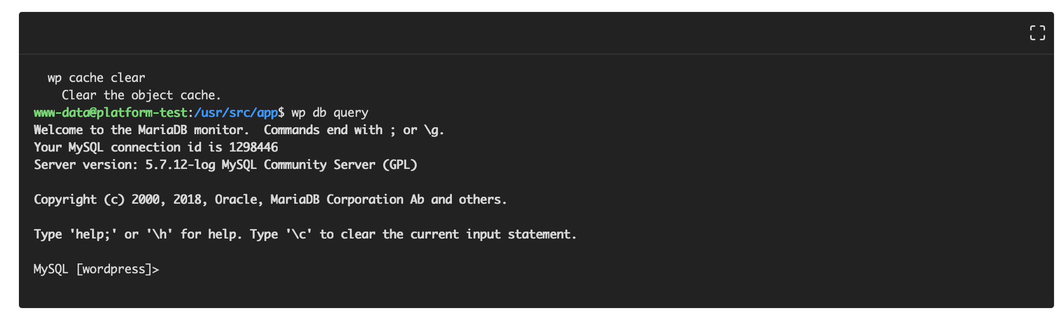 [[Screenshot showing the MySQL client session started with WP CLI]]