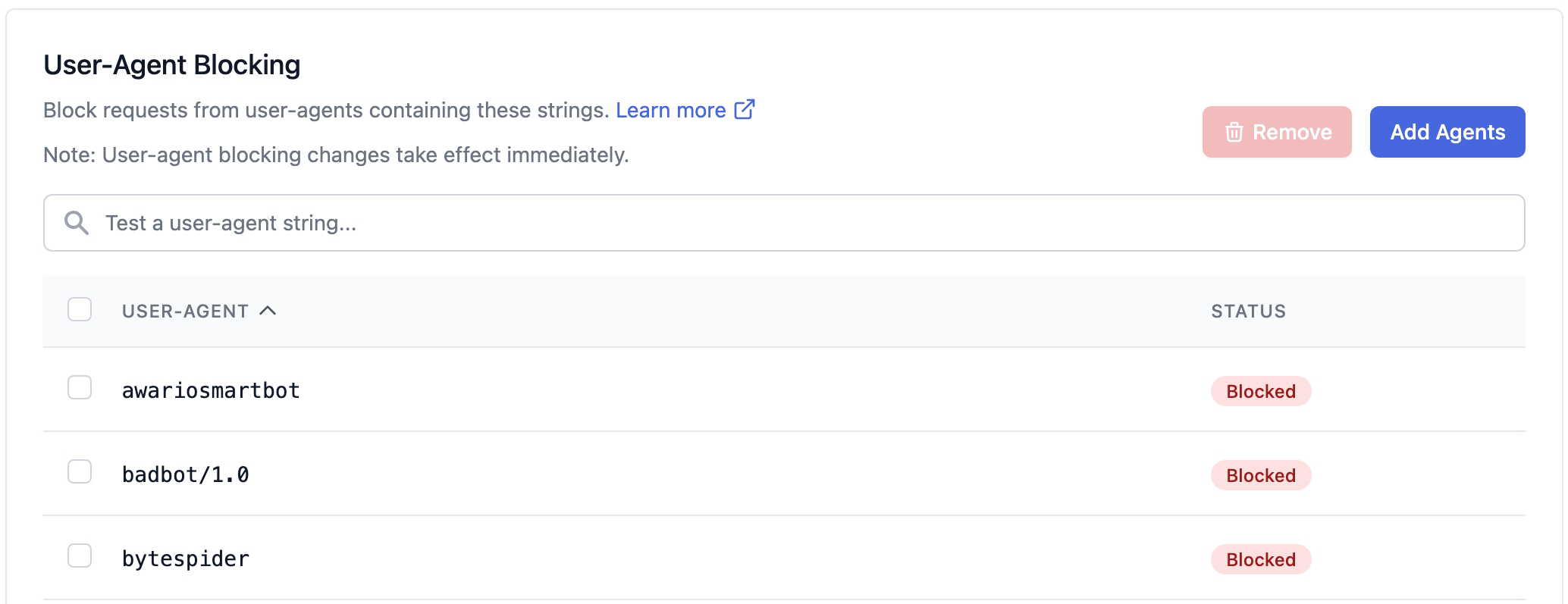 [[Screenshot of the User-Agent Blocking populated list]]