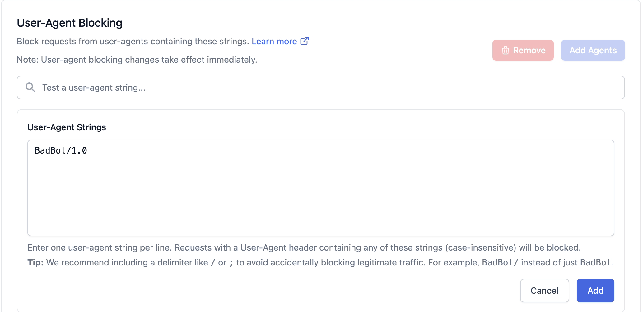 [[Screenshot of the User-Agent Blocking add form]]