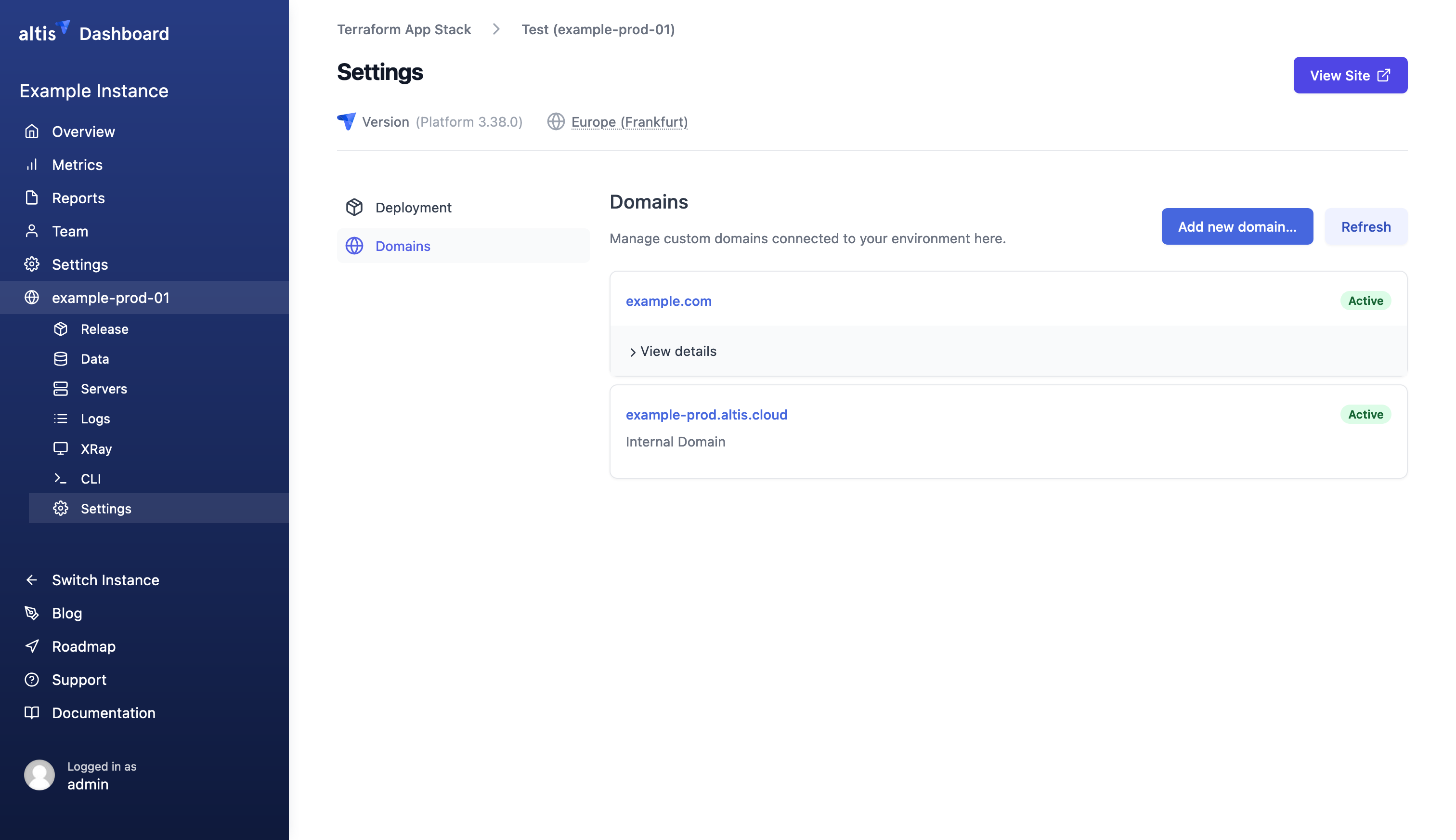 [[Screenshot of the Domains settings panel]]