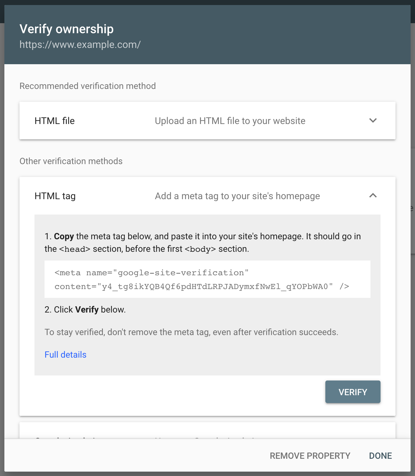 Screenshot of verification method window