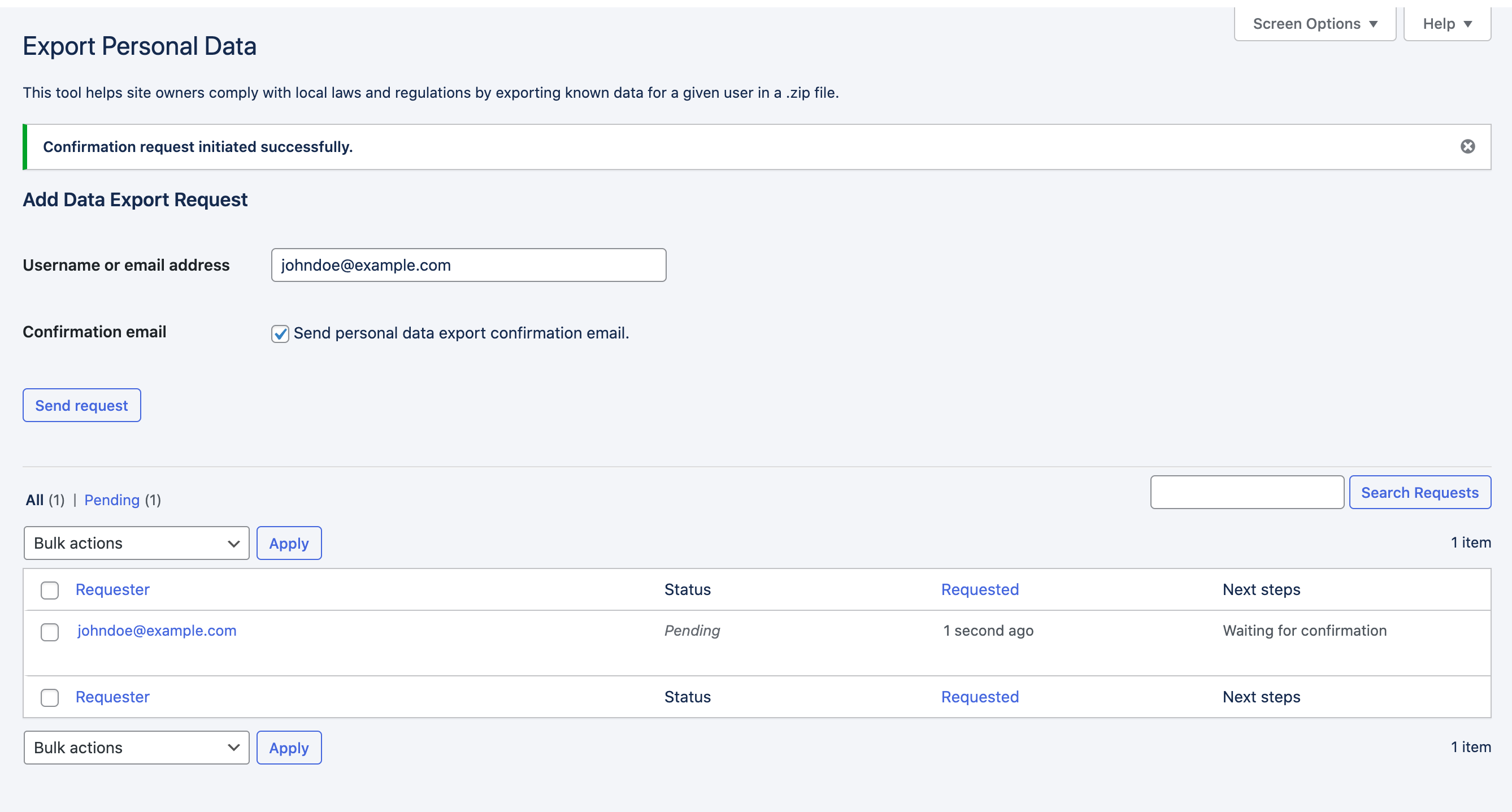 Personal Data Export admin screen