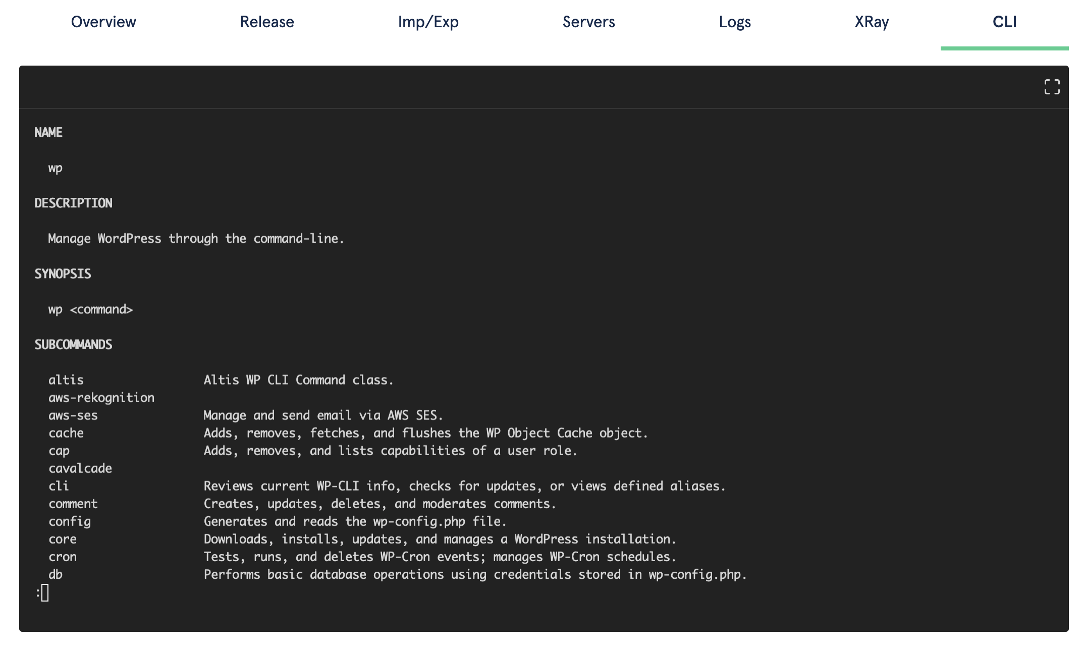 Screenshot showing the WP CLI help output