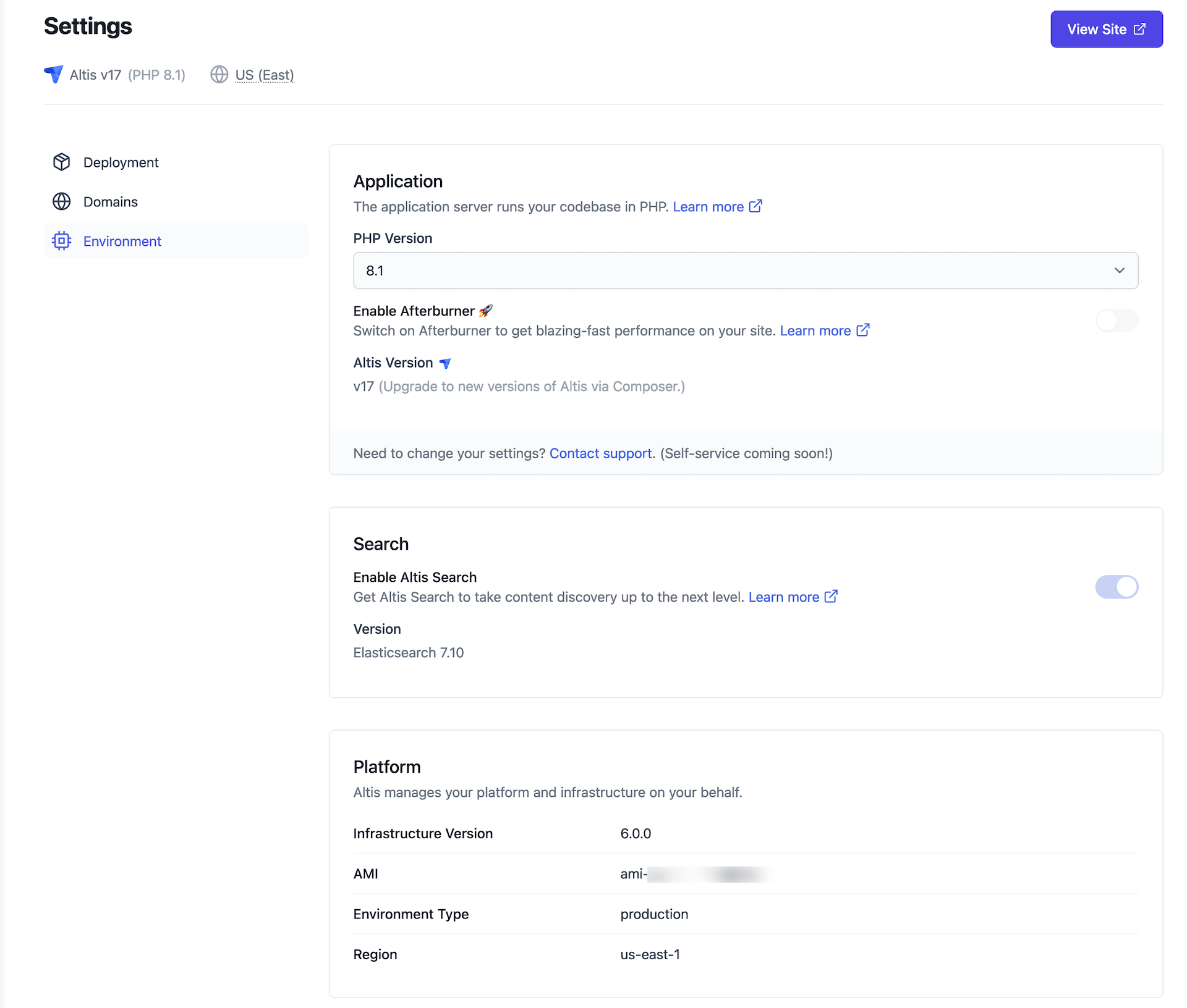 Environment page, showing Application, Search and Platform information