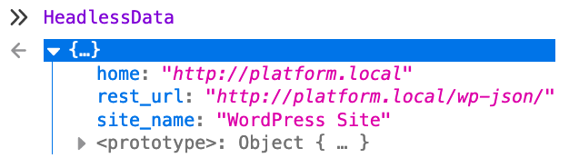 Screenshot of console displaying React HeadlessData