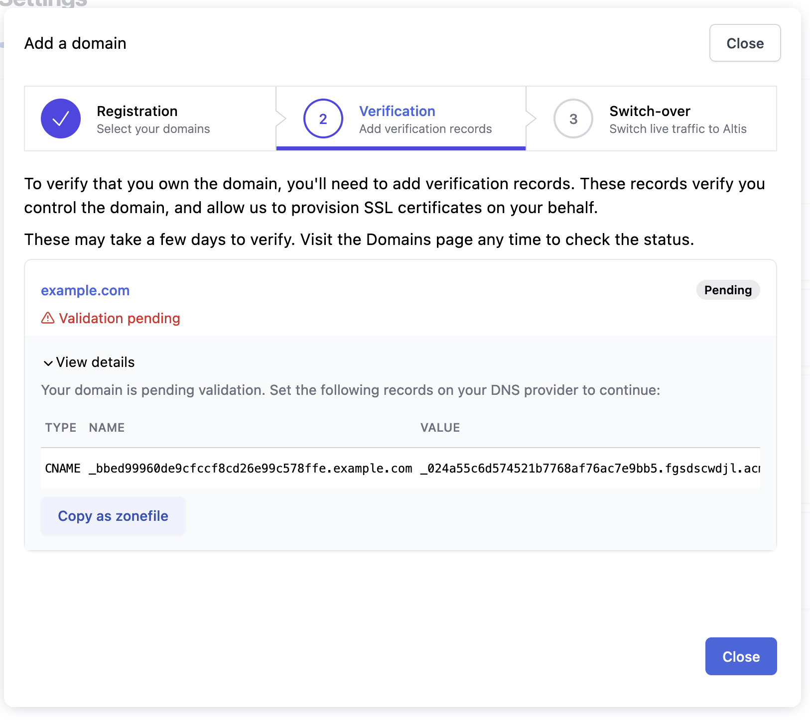 Screenshot of DNS validation screen
