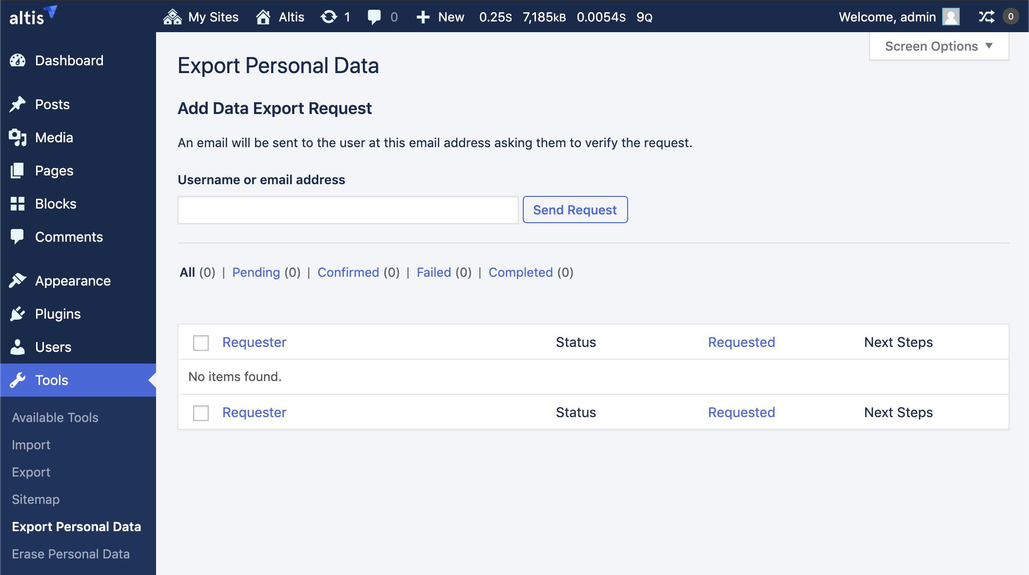 Personal Data Export admin screen