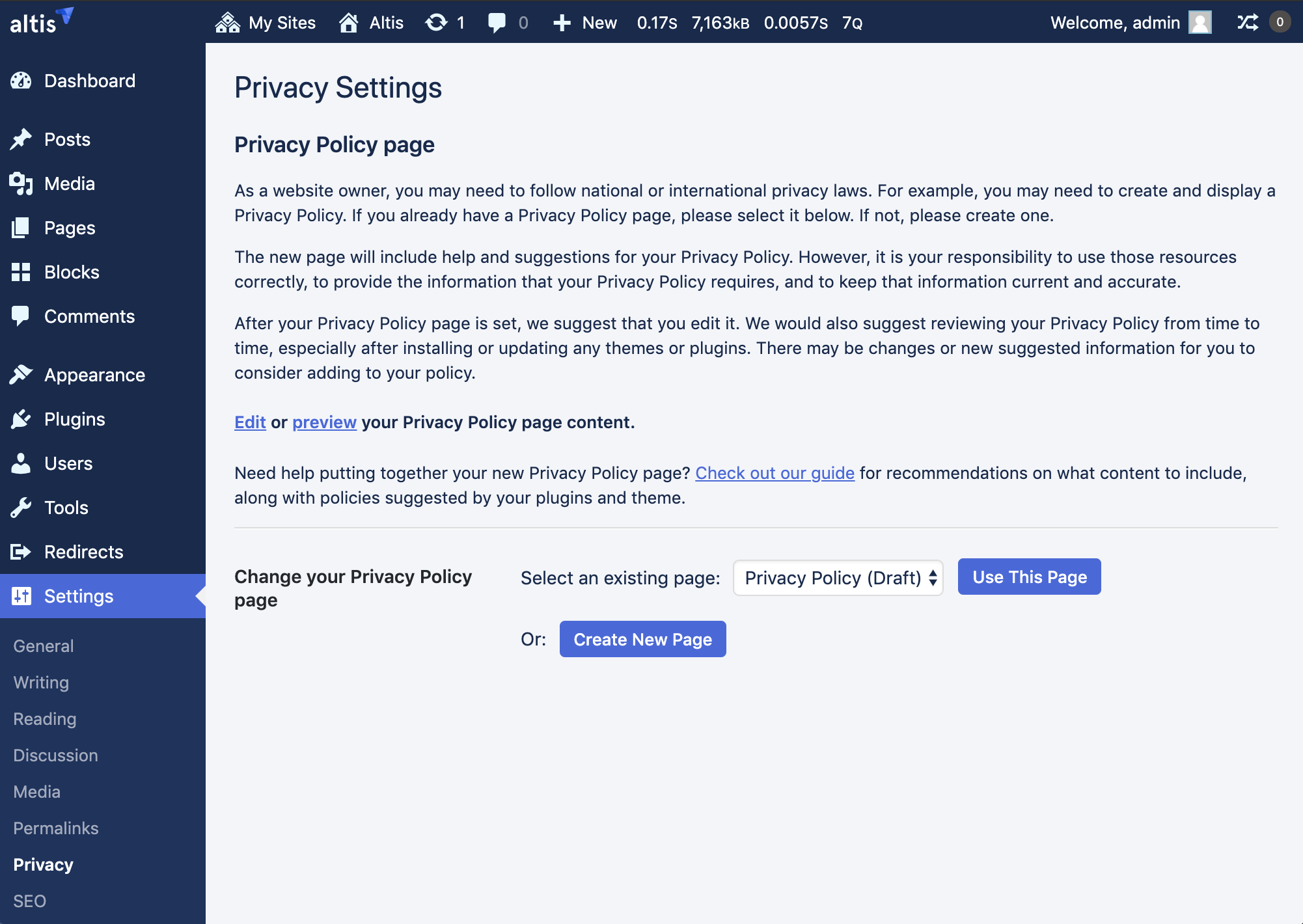 Privacy page settings screen