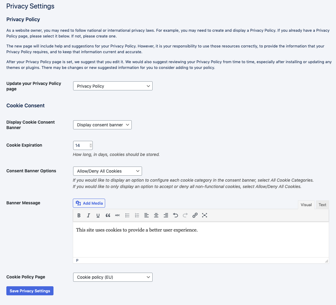 Privacy page settings screen